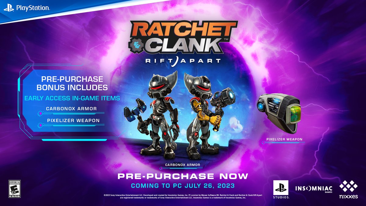 insomniacgames's tweet photo. Pre-purchase Ratchet &amp; Clank: Rift Apart on PC and get early access to the Pixelizer weapon and Carbonox Armor set! #RatchetPC #Ratchet20

Pre-purchase now: https://t.co/klCSMyZ2Tt https://t.co/GBG6IjDEDc