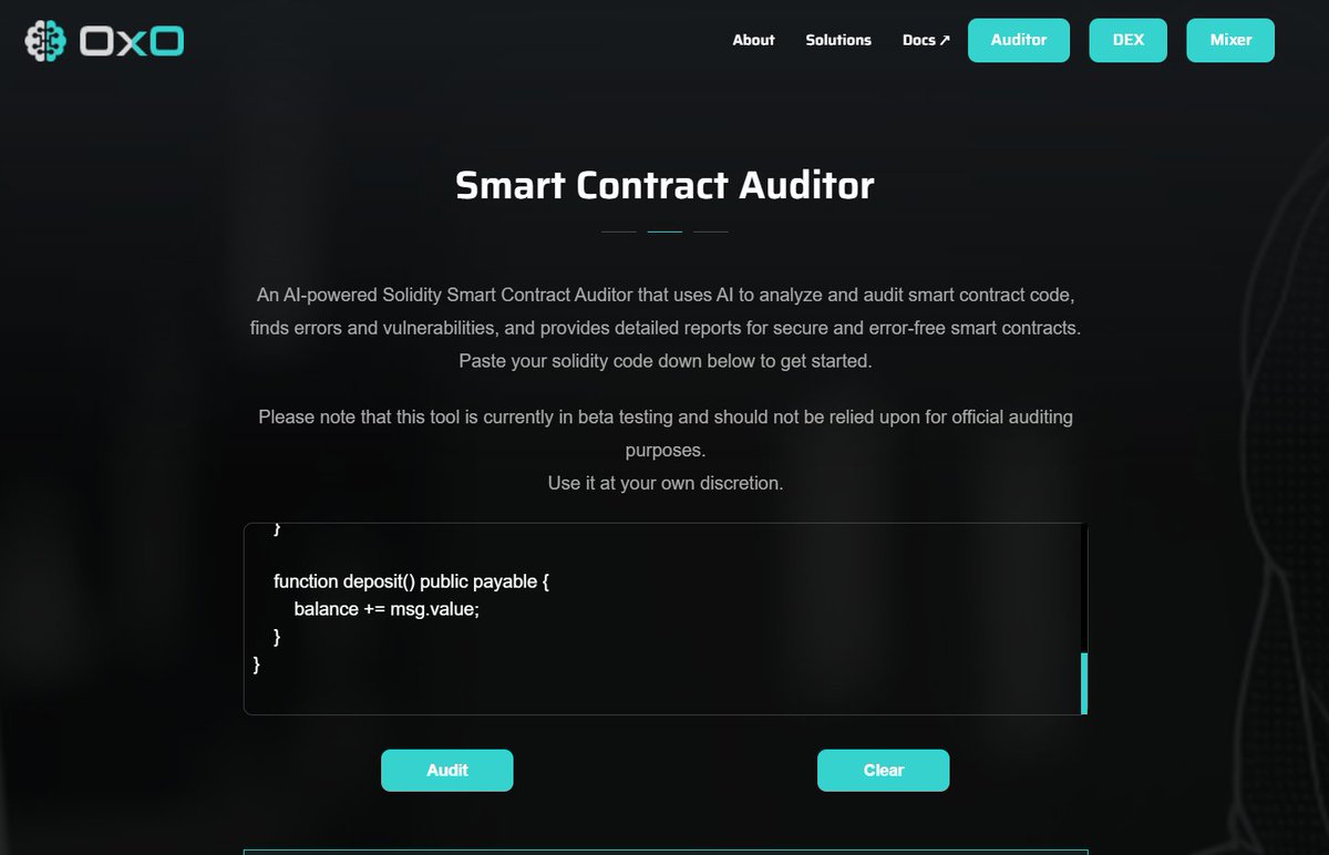 1⃣ AI Auditor So this is an AI powered solidity based smart contract auditor that uses AI to analyze the smart contract code. Easy finding any errors or vulnerabilities! Anyone can use it by simply copy paste the contract and click Audit!