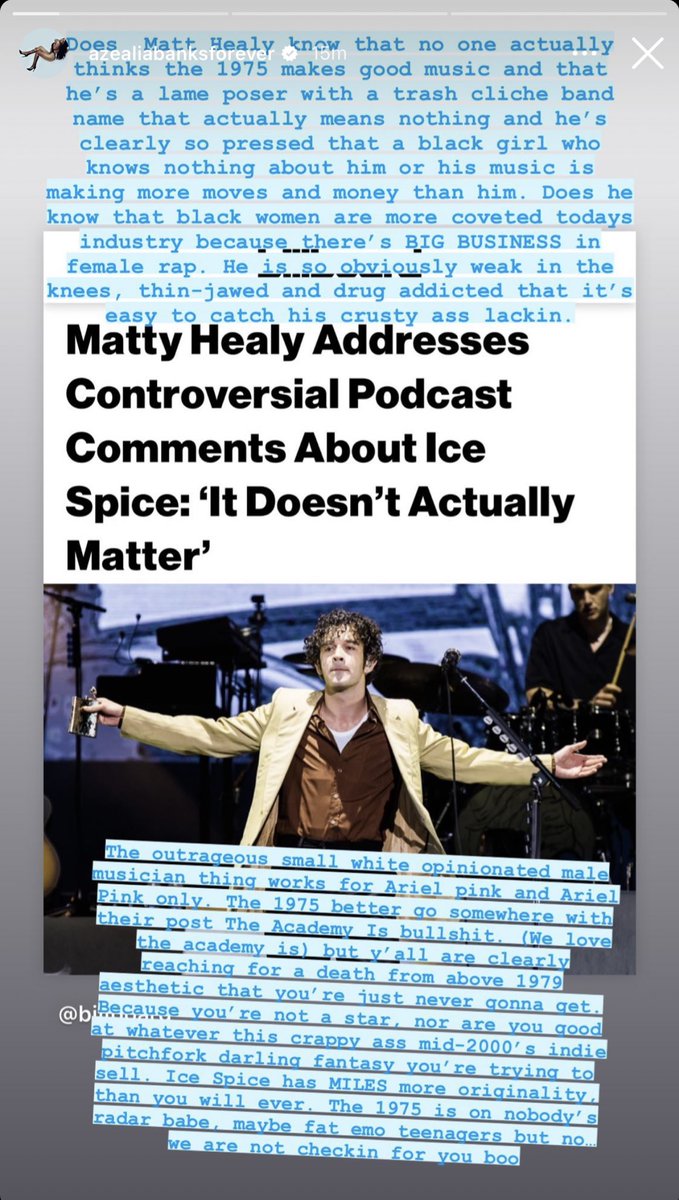 AzealiaNews's tweet photo. Azealia Banks defending Ice Spice against The 1975’s Matt Healy via Instagram Stories https://t.co/Yvrab0Vneb