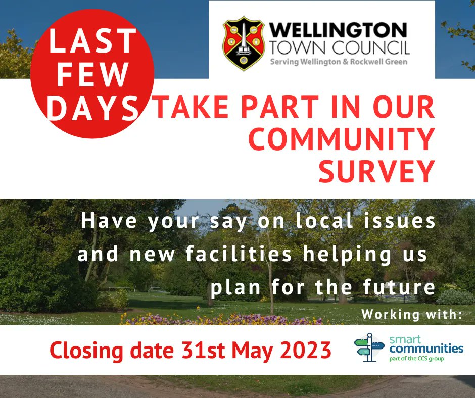 communitiesltd's tweet photo. Your LAST FEW DAYS to take part in the Wellington Community Survey! 
Have your say on local issues and new facilities helping us plan for the future, your voice really does matter and will shape the community. 
Complete the online Survey here: https://t.co/PCvtNQK3v3 https://t.co/zZpGULHByu