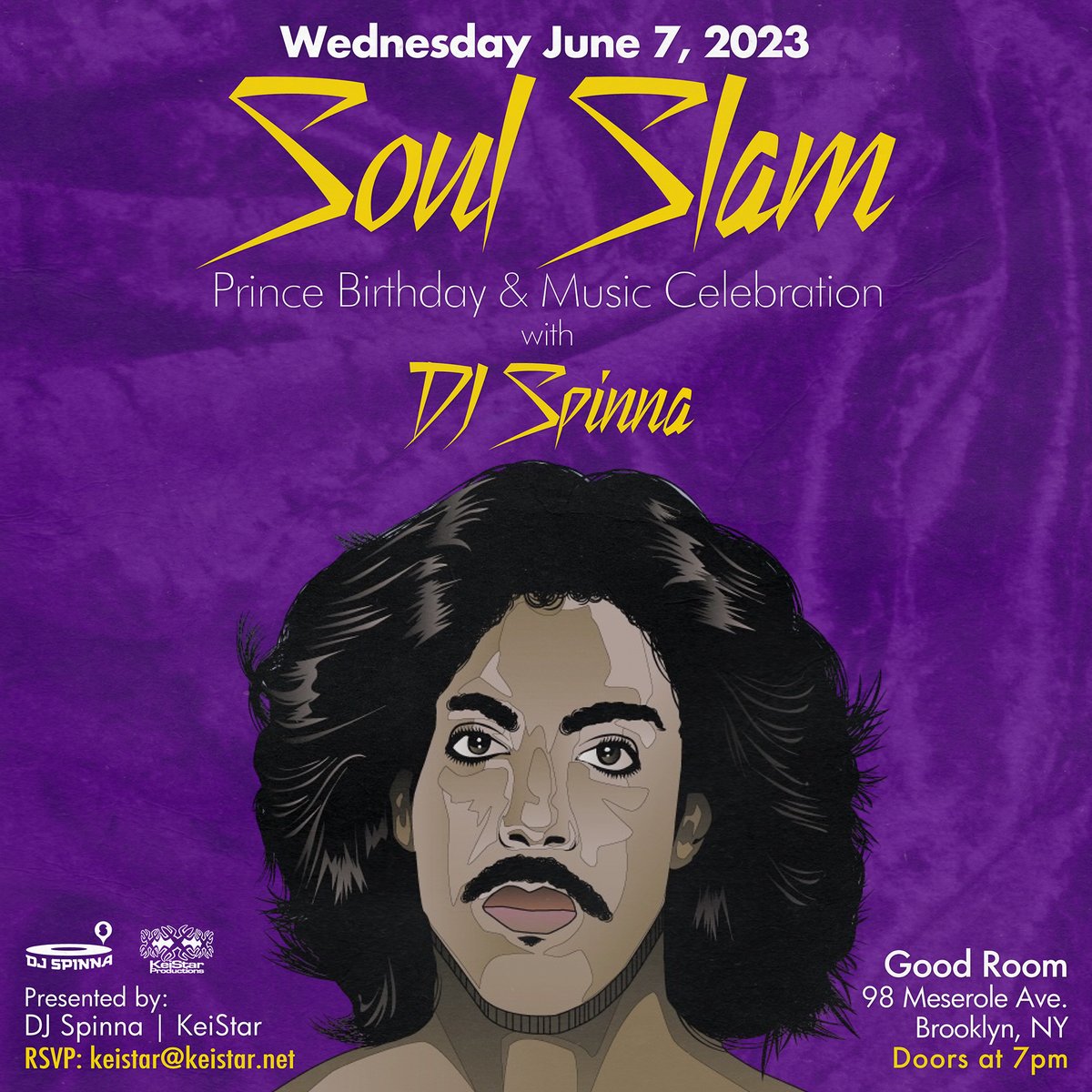 Good Room (@goodroombk) on Twitter photo The annual celebration of his Royal Purple One returns to Good Room on June 7! <a href="/djspinna/">THEREALDJSPINNA</a> is celebrating life & legacy of Prince on what would have been his 65th Birthday. Expect to hear everything from the classics to unknown gems to exclusive edits at the Soul Slam tribute party The annual celebration of his Royal Purple One returns to Good Room on June 7! <a href="/djspinna/">THEREALDJSPINNA</a> is celebrating life & legacy of Prince on what would have been his 65th Birthday. Expect to hear everything from the classics to unknown gems to exclusive edits at the Soul Slam tribute party