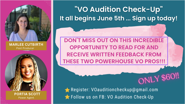 Feedback is Life!  Sign up by June 5th for a written audit of your audition by two powerhouses in the VO industry, Portia Scott &amp; Marlee Cutbirth.
To Register, email:  voauditioncheckup@gmail.com
tinyurl.com/JoinVOAC
#audition
#Agent #feedback