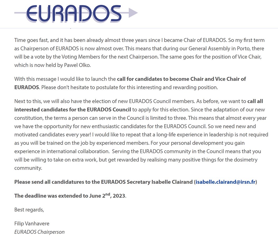 Call for candidates for the EURADOS Council, Chair and Vice-Chair elections - Deadline extended to 2nd June! 

eurados.sckcen.be/news-overview/…