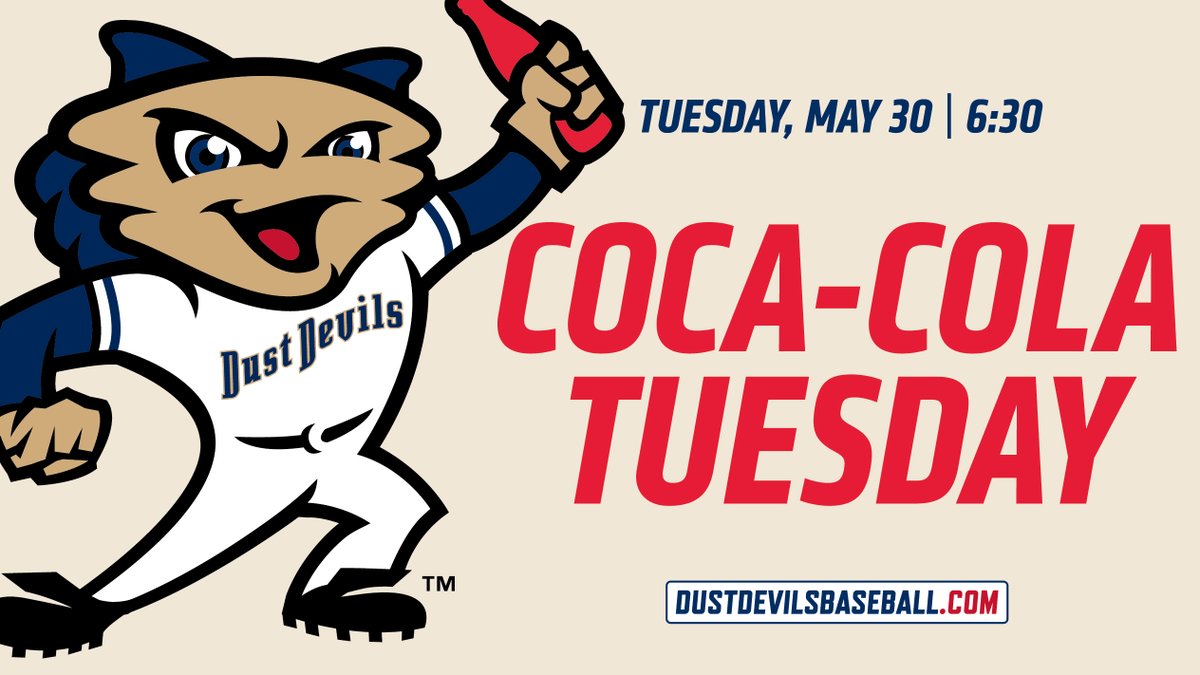 The Dust Devils are back in business this evening right here at Gesa Stadium! Tonight is Coca-Cola Tuesday, when you can grab $2 ice cold 21oz Coca-Cola products throughout the ballgame. Gates open at 5:30 with first pitch at 6:30. #tcdustdevils⚾️