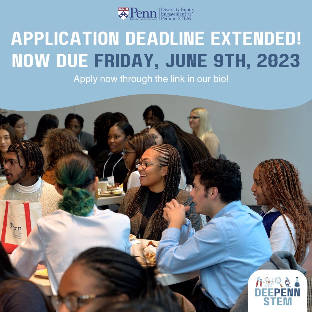 The application deadline for DEEPenn STEM weekend 2023 has been extended! It is now due June 9, 2023. Find the application at the link in our bio.