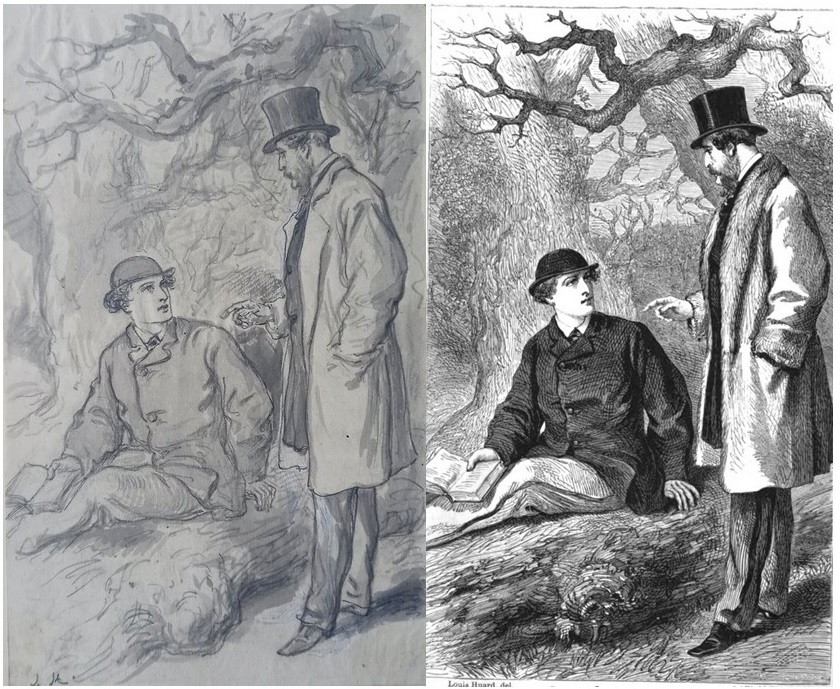 French-born #Belgianartist #LouisHuard (1814-1874) produced the pencil drawing (left) for #MEBraddon's serialised novel 'Dead Sea Fruit' published in Belgravia Magazine in 1868. The engraving (right) is the printed version (p.136). #VictorianFiction fans, spot the differences...