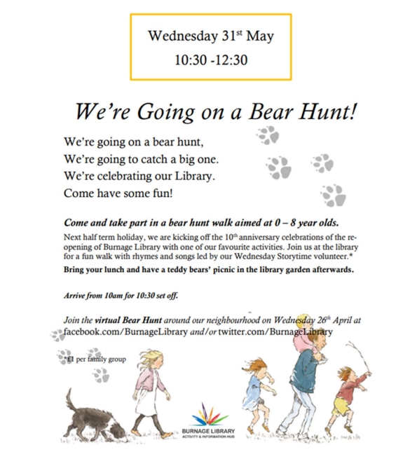 BurnageLibrary's tweet image. We&apos;re kicking off our 10th Anniversary Celebrations with... a Bear Hunt of course! Bring your 0 to 8-year-olds for our #Burnage Bear Hunt Walk - bring your lunch and teddy stay for a picnic in the garden afterwards! #ManchesterLibraries @MancLibraries