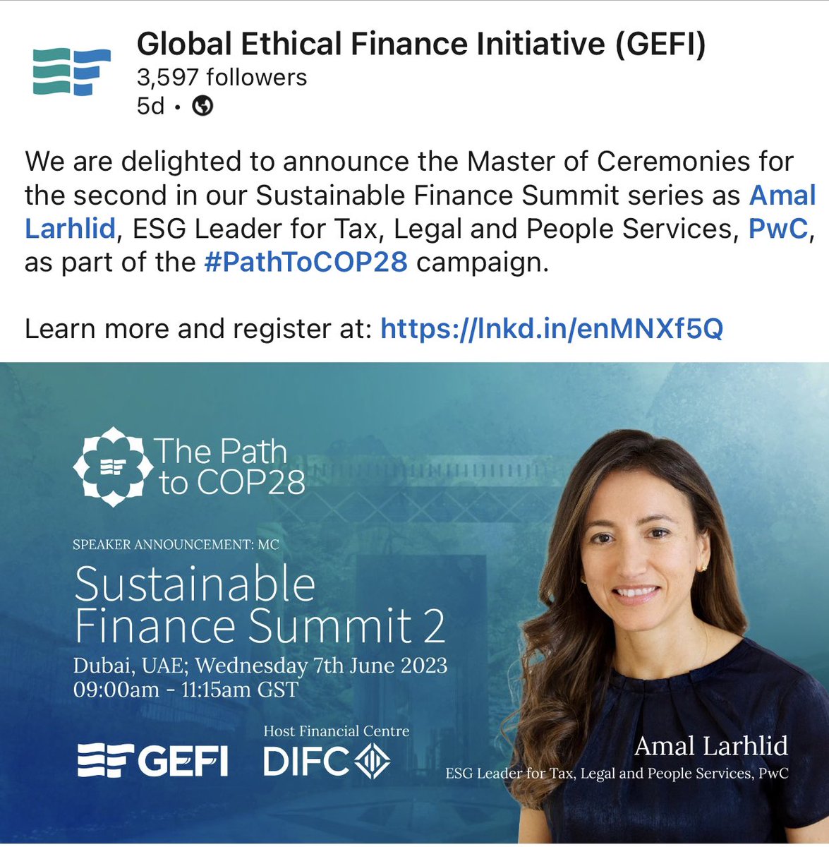 Delighted to be the Master of Ceremonies for the Sustainable Finance Summit next week as part of the #PathToCOP28 campaign. Stay tuned for the outcomes of the summit!

#CoP28 #Sustainability #Future