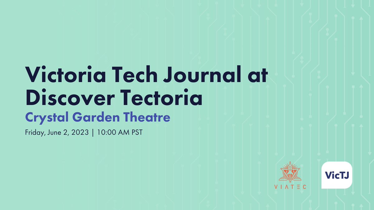 👋 This Friday, June 2, we’re headed to <a href="/VIATEC/">VIATEC</a>'s Discover Tectoria!

🌊 Join us for Victoria Tech Journal Presents: Dive into Victoria's Blue Economy from 10 AM - 11 AM at the event’s Theatre.
 
🎤Panelists include leadership from
<a href="/Ocean_Networks/">Ocean Networks 🇨🇦</a>, <a href="/CanadaCOAST1/">Centre for Ocean Applied Sustainable Technologies</a>, and @glferries.
