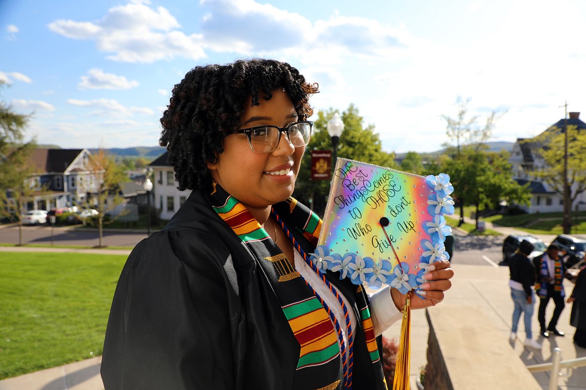 BloomsburgU's tweet photo. "Looking back I’m really proud of the choices I made to make me the person I am today. Advice I would give, especially to a freshman, is to just enjoy the small moments whether they’re good or bad.” 💛📷#BUClass2023 #Husky4Life #BloomOnward #HuskyUnleashed #graduation https://t.co/QvD0O6rgGZ