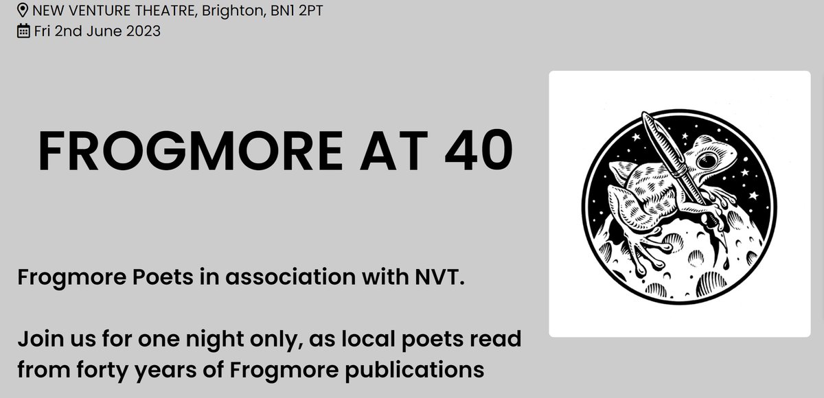 FrogmorePress's tweet image. The Frogmore Press is 40 years old this month! We're celebrating @nvt_brighton this Friday,2 June
newventure.org.uk/index.php/what…
Readers: @rosbarber, @CClarkLewes, @Robin Houghton, James Flynn, @JOD45, Jeremy Page &amp;amp; @JanetSu70160442 Please book in advance if pos. Hope to see you there!