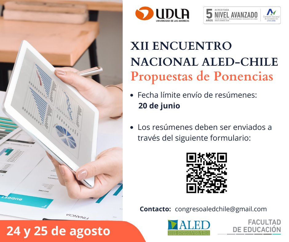 📝¡Atención! Si deseas enviar tus propuestas para el XII Encuentro Nacional ALED-Chile denominado “Estudios del discurso: abordajes multi y transdisciplinarios”, sólo debes escanear el código QR presente en la imagen y completar el formulario ✍️