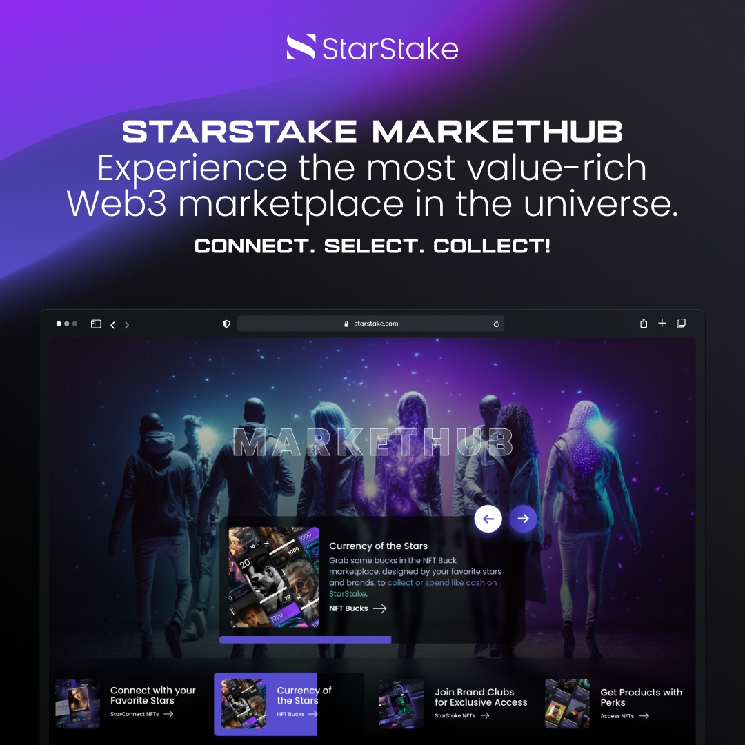 star_stake's tweet photo. 🛍️ Experience the most value-rich #Web3 marketplace at the #StarStake MarketHub. Connect, select, collect, and start your fan journey today! #StarStakeCreators #MarketHub #Web3Marketplace https://t.co/kKUSEXjKOW