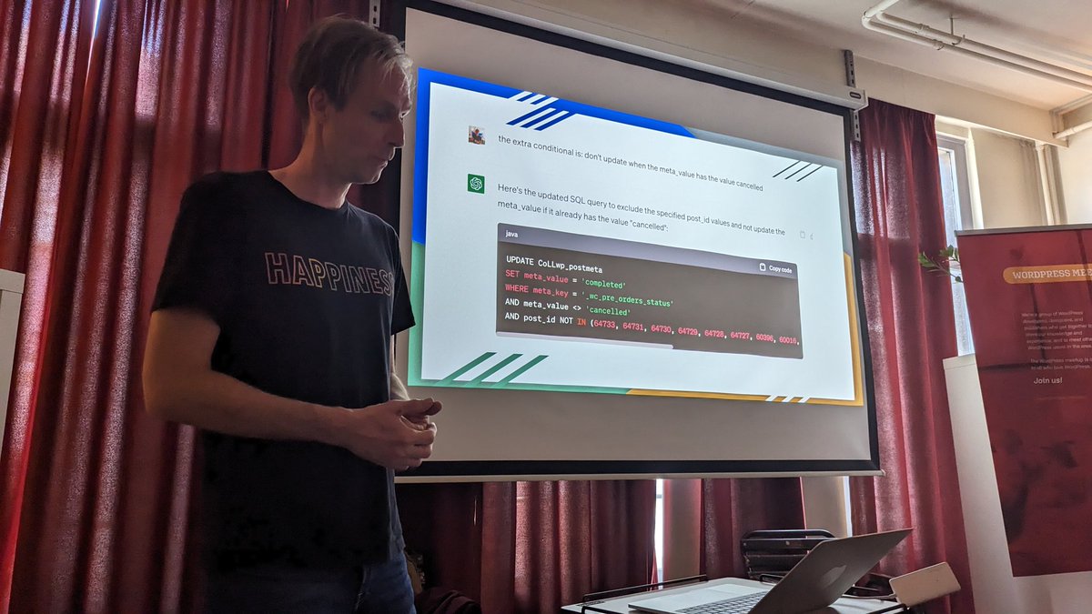 vdwijngaert's tweet image. Dang, @daveloodts just replaced me with #ChatGPT... 😶 

Happening right now in the @wpantwerp meetup on using AI Tools in #WordPress!