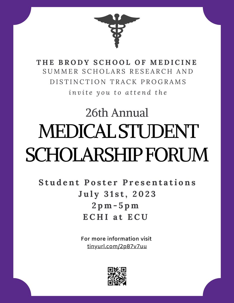 Please join us for the 26th Annual Medical Student Scholarship Forum 
🗓️July 31st, 2023
⏰2-5pm
📍ECHI at ECU  
ℹ️tinyurl.com/2p87v7uu 

<a href="/ECUBrodySOM/">ECU Brody School of Medicine</a> <a href="/reeder08/">Timothy Reeder</a> <a href="/jennecrottymd/">Jennifer Crotty, MD</a> <a href="/Hannan_Lab/">Dr Johanna Hannan</a> <a href="/CedricMBrightMD/">Cedric M. Bright, MD (he him his)</a> <a href="/ECU_BSOM_FacDev/">BSOM Faculty Affairs and Leadership Dev</a>