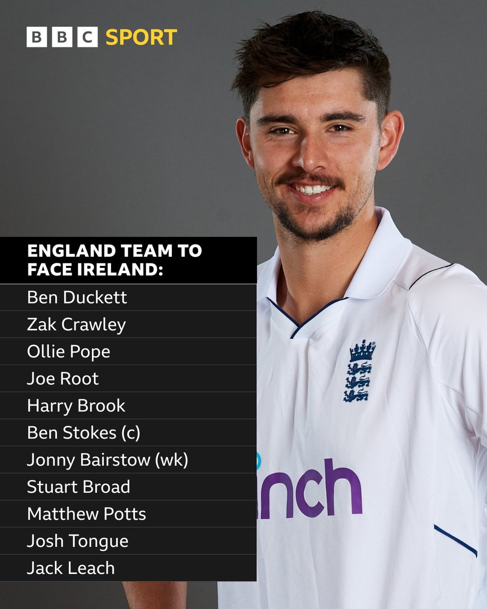 England have named their side to face Ireland in the first Test of the summer 🏴󠁧󠁢󠁥󠁮󠁧󠁿 Josh Tongue makes his Test debut as Jonny Bairstow returns. ❌ No Chris Woakes Full team news 👇 #BBCCricket #ENGIRE