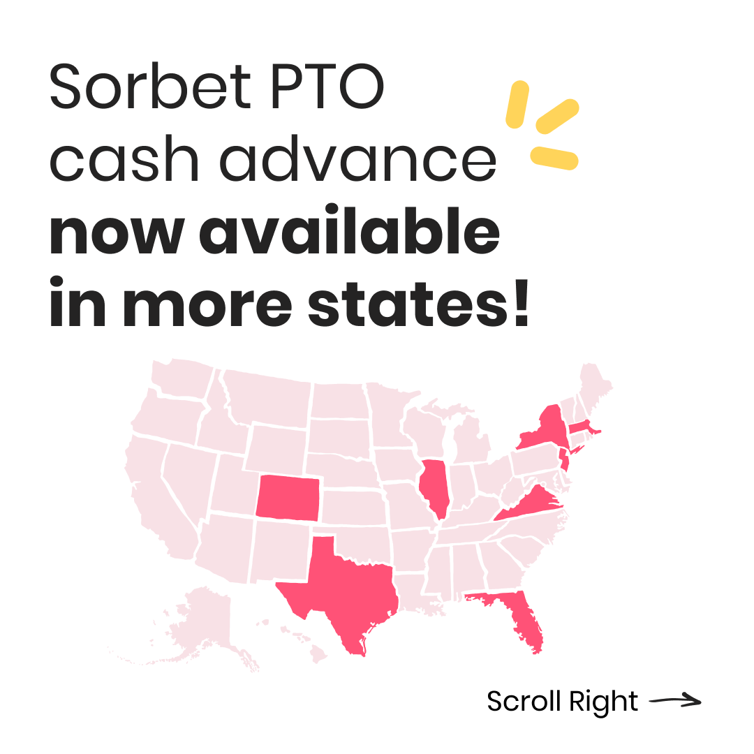 sorbetco's tweet photo. 🚀 Big Announcement! 🚀 Sorbet's PTO cash advance is now available in more states, and today might be your lucky day! Open the thread to discover if your state is on the list. 
Apply now! >> https://t.co/AbRPVuZfdu 
#SorbetLaunch #PTOCashAdvance #UnlockYourPTO https://t.co/6Ti5EOgkBm