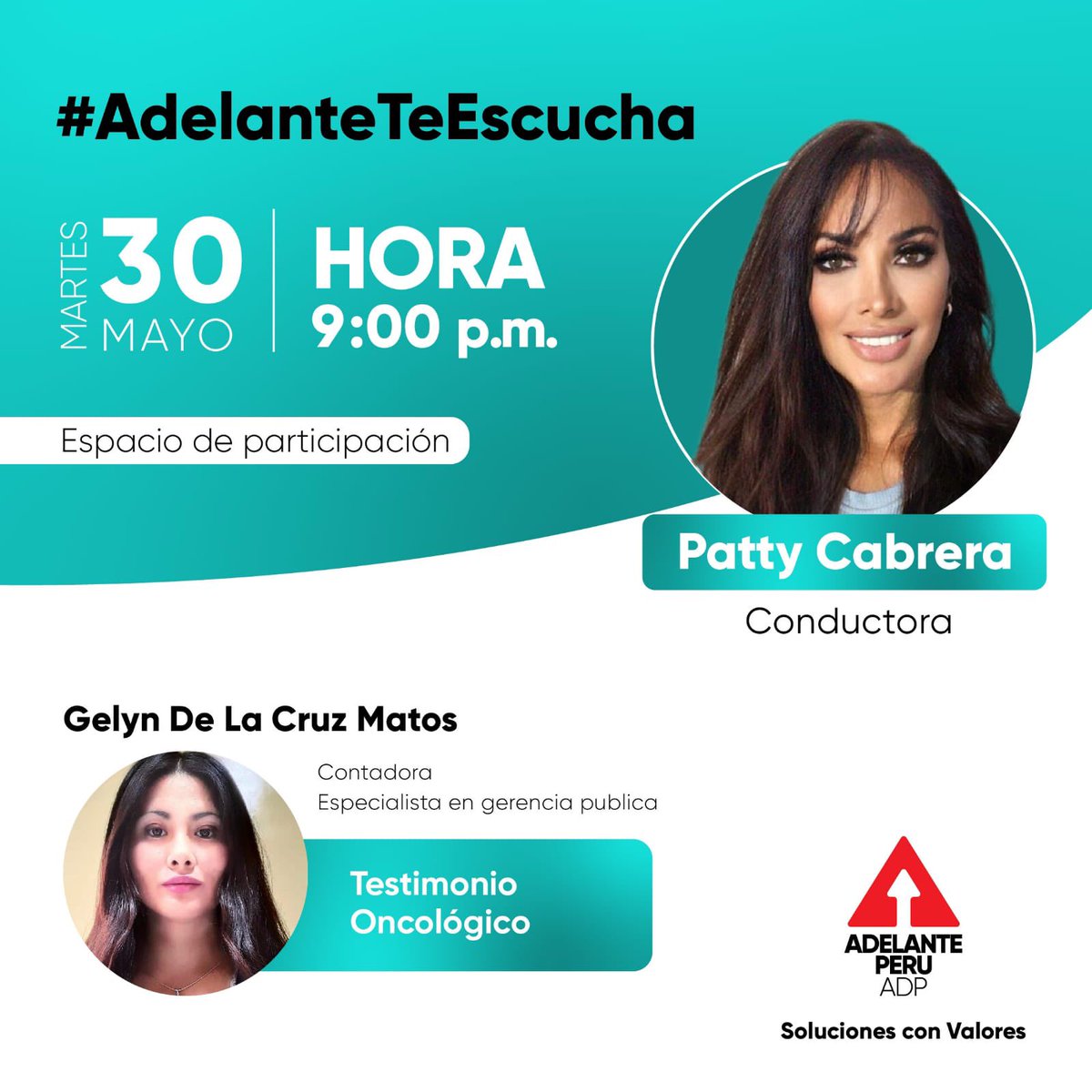 🔴Si aún no te has inscrito, inscríbete aquí: talleres.adelanteperu.com/Talleres

Este martes 30 de Mayo trataremos un tema muy importante🇵🇪

-Testimonio Oncológico con la Contadora y Especialista en gerencia pública Gelyn De La Cruz Matos 

Queremos escucharte y saber tu opinión, no faltes