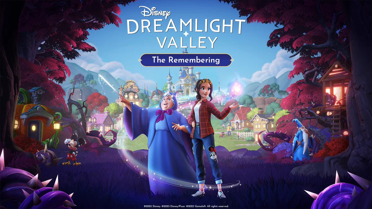 Disney Dreamlight Valley art with a banner that reads, "The Remembering." It shows the castle in the background, with the foreground set in a dark forest with the avatar and Fairy Godmother posing