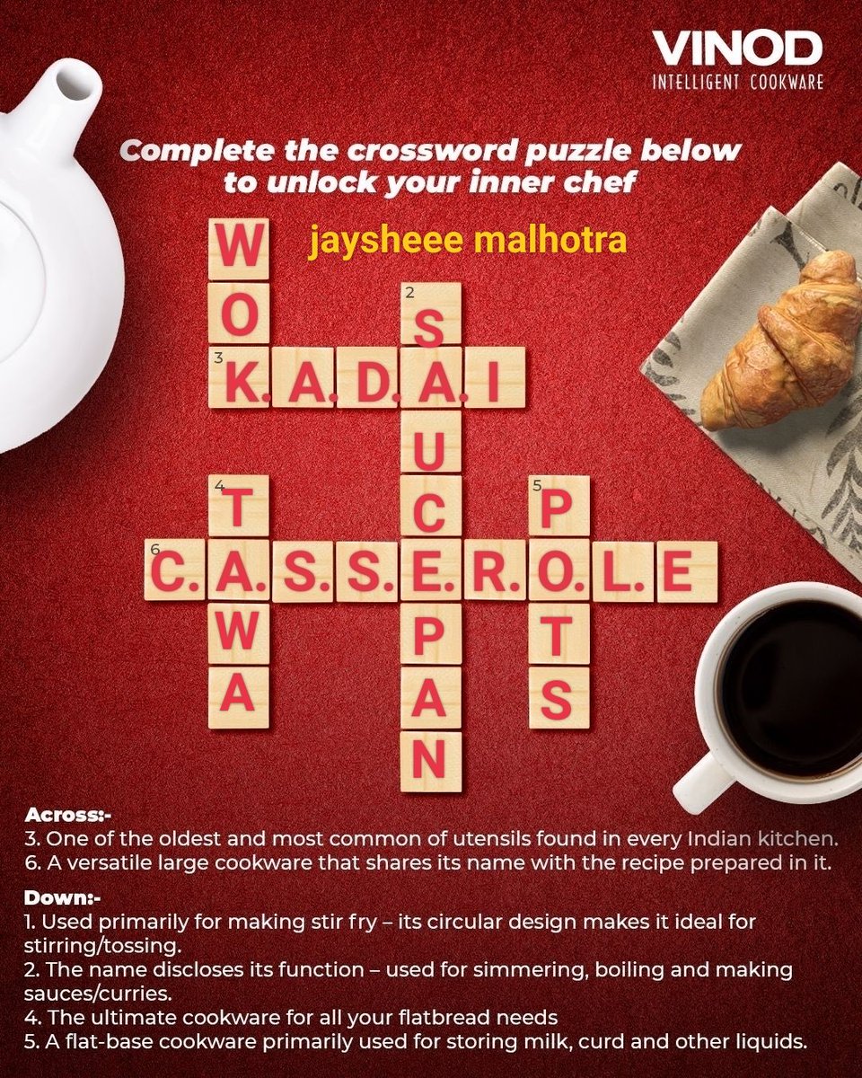 ACROSS:-  
3) KADAI  
6) CASSEROLE    

DOWN:-  
1) WOK  
2) SAUCEPAN  
4) TAWA  
5) POTS   
#VinodIntelligentCookware #CookHealthyCookJaldi
@Vinod_Cookware
@AbhishekIPLFeak 
@BirjuDamani 
@InvisibleIndra 
@MistuniB 
@Nitish_nix