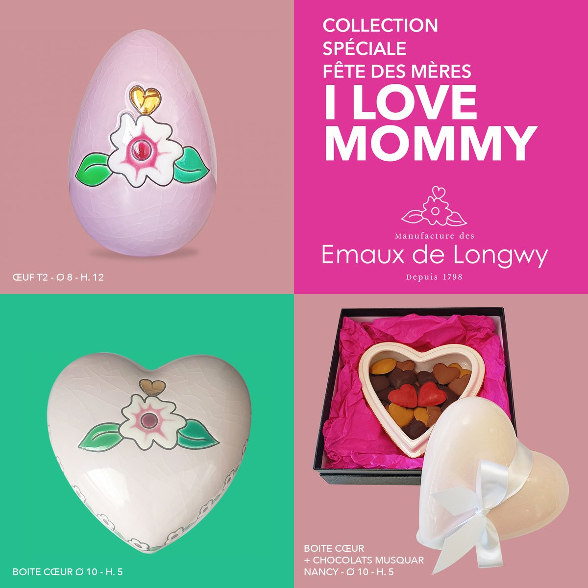 #fetedesmeres2023
I LOVE MOMMY
Notre Manufacture met à l'honneur les mamans au travers d'une collection spéciale aux couleurs délicates et aux formes douces dont une boite cœur garnie de chocolats de la Maison Musquar Nancy.
Dans nos boutiques et en ligne emauxdelongwy.com/product/coeurs…