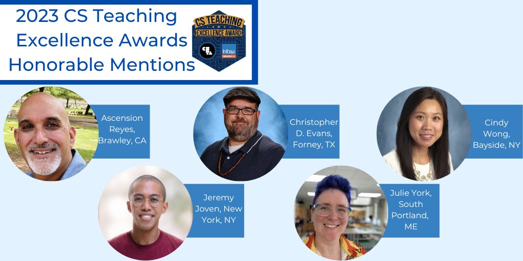 I am truly honored and proud to be selected as an honorable mention for this year’s CS Teacher Excellence Awards!

Thank you <a href="/InfyFoundation/">Infosys Foundation USA</a> &amp; <a href="/csteachersorg/">CS Teachers Association (CSTA)</a> for supporting #CSTeachers.

#CSTA2023 #CSEd #CSExcellenceAwards