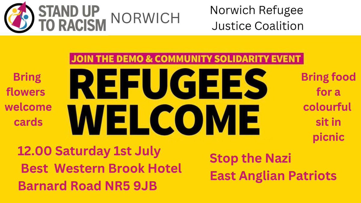 All are welcome to join our colourful community sit in picnic and counter protest to say Refugees are welcome here! Bring flowers, welcome cards and picnic food @AntiRacismDay