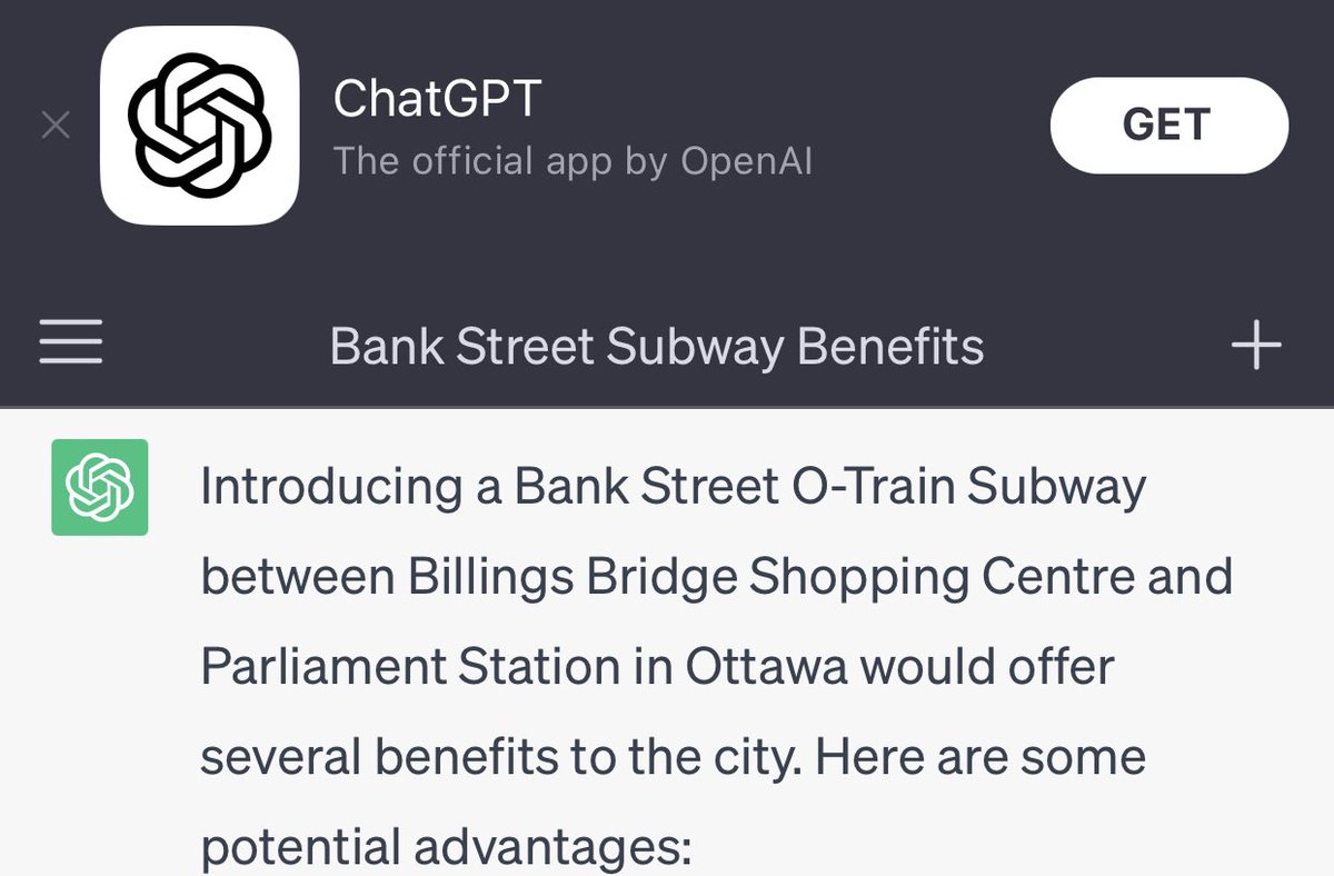 1/9 Hey #Ottawa we asked @OpenAI #ChatGPT what benefits a Bank Street O-Train Subway between Parliament Station & Billings Bridge Shopping Centre would have in our city. Here are the responses from Artificial Intelligence: #OttNews #OttCity #OttLife #Ottpoli #OttTransit #OttLRT