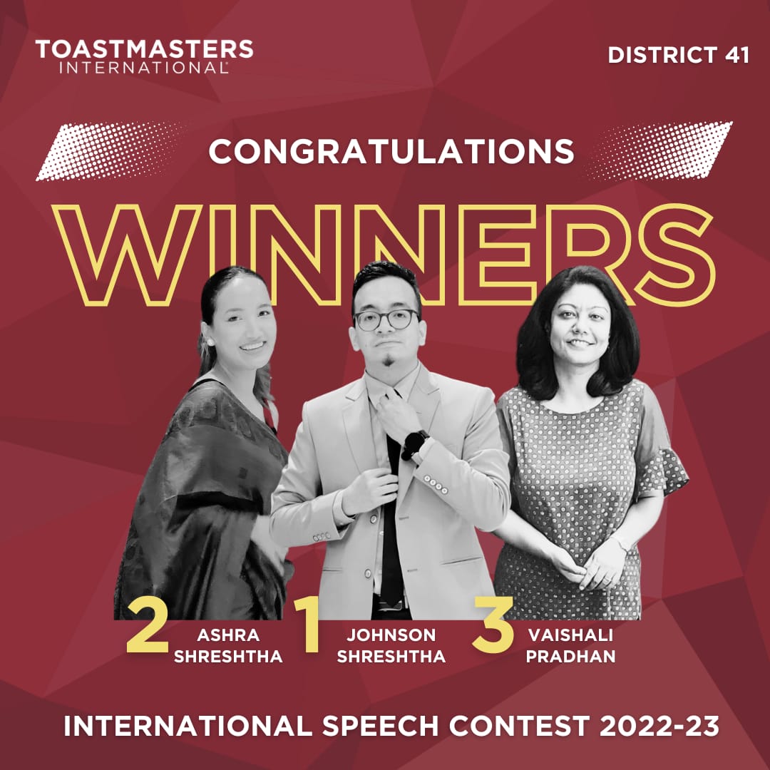 D41Toastmasters's tweet photo. District 41 International Speech Contest Champions!🤩🥳

Congratulations✨ to Johnson Shreshtha, Ashra Shreshtha, and Vaishali Pradhan for their outstanding performances and triumphant victories🌈🔥 https://t.co/lsbSLC3q2w