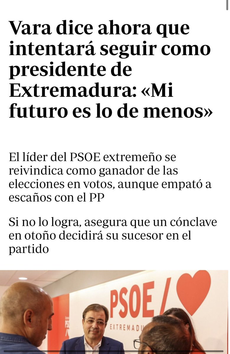 Sainete en 4 actos:
1. Vara: he ganado, pero evidentemente PP y Vox suman mayoría absoluta. Me retiro.
2. Guardiola (PP): Confío en que el PSOE se abstenga y me deje gobernar.
3. Feijóo: mi oferta al PSOE no caduca
4. Vara: espera, que ya no lo dejo… estos me hacen Presidente!🤦🏼‍♂️