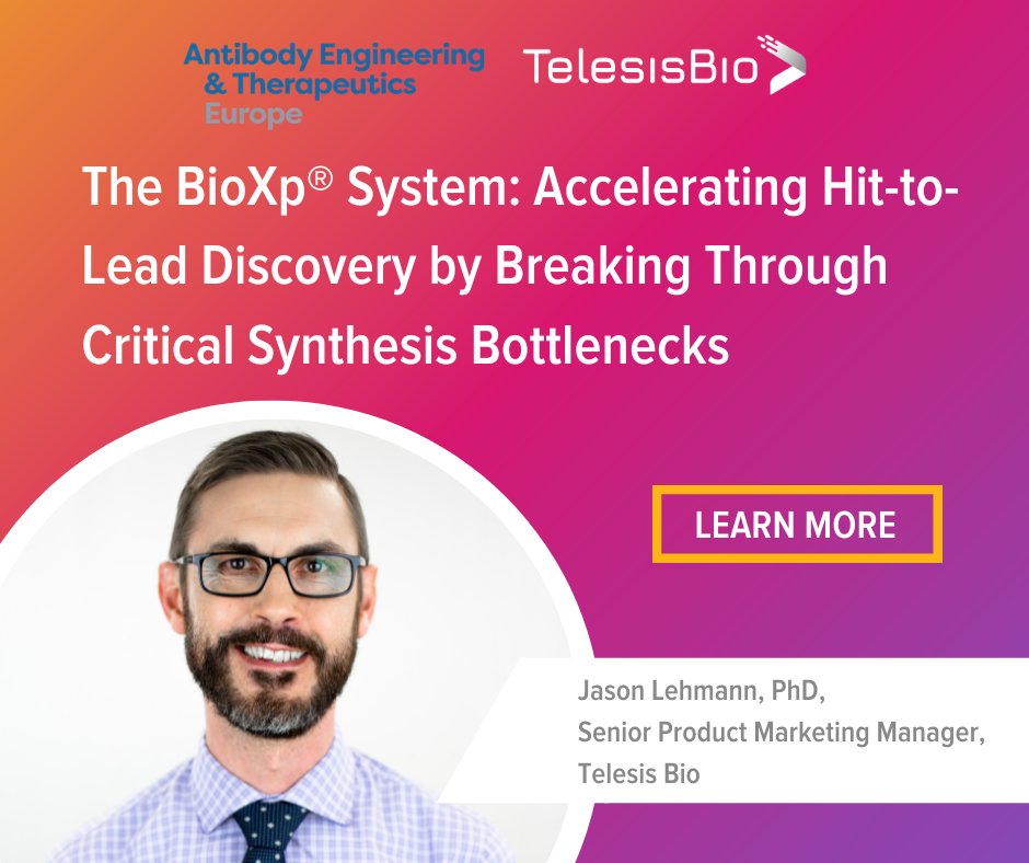 Join Jason Lehmann during his talk to learn how Telesis Bio’s BioXp® solutions are designed to help you break free from traditional lead synthesis bottlenecks and significantly accelerate your antibody discovery pipeline. Stop by booth #16 to learn more:

bit.ly/43AdmXS