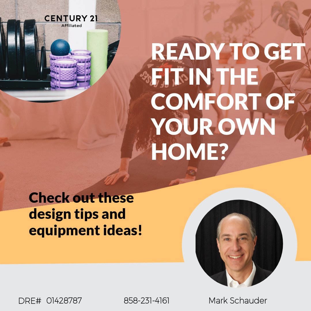 Skip the crowded gym and sweat it out at home. Build the ultimate workout space with these tips and equipment suggestions that fit your fitness needs and goals. #markschauder #C21Affiliated #homegymtips #powayrealestate