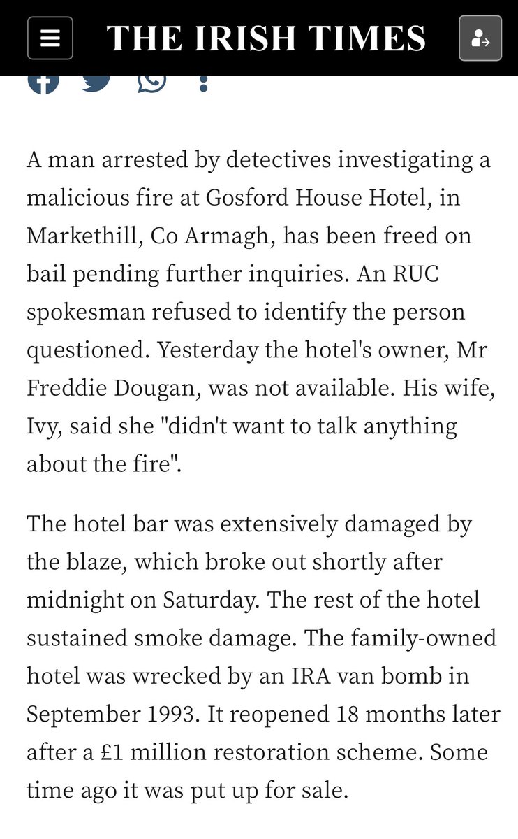 @irvine_pat @little_pengelly Few weeks ago, Ms Little Pengelly tweeted about the awful damage done to her lovely Markethill during the ‘troubles’, I asked what happened to Gosford Hotel, bombed by the IRA she replied and blocked me, before I could ask her opinion on this, just would have liked her thoughts