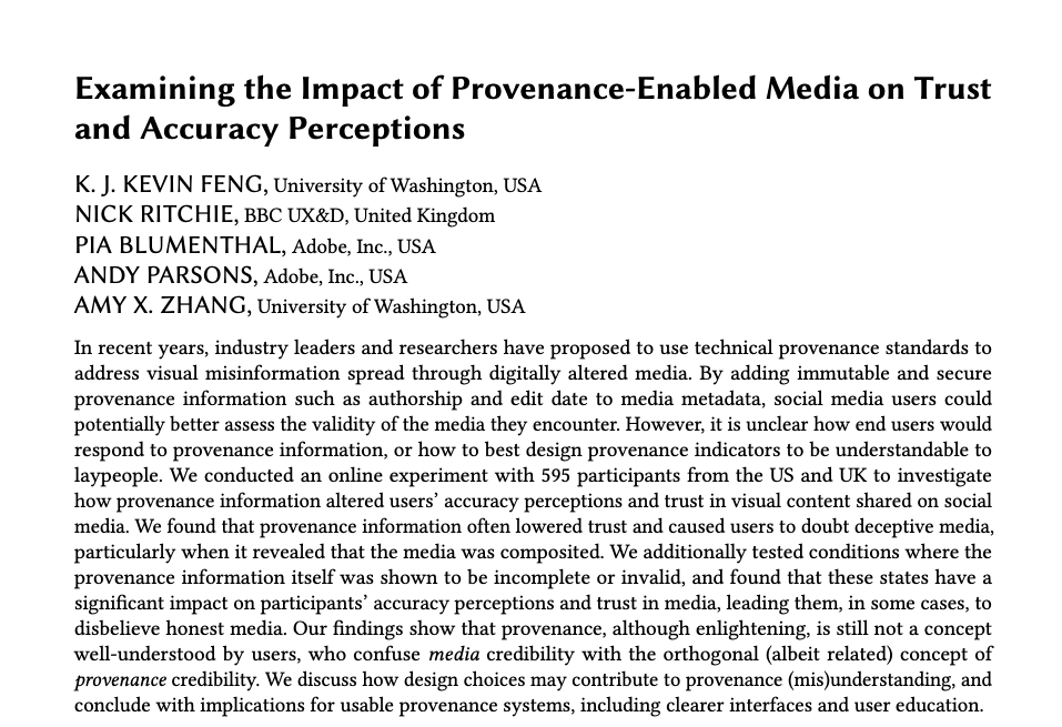 Imagine if you could see the edit history of images and videos on social media to make a better judgement about their credibility 🧐. We gave users this ability in our #CSCW2023 paper and measured changes in trust and accuracy perceptions:

📜 arxiv.org/abs/2303.12118
🧵 1/n