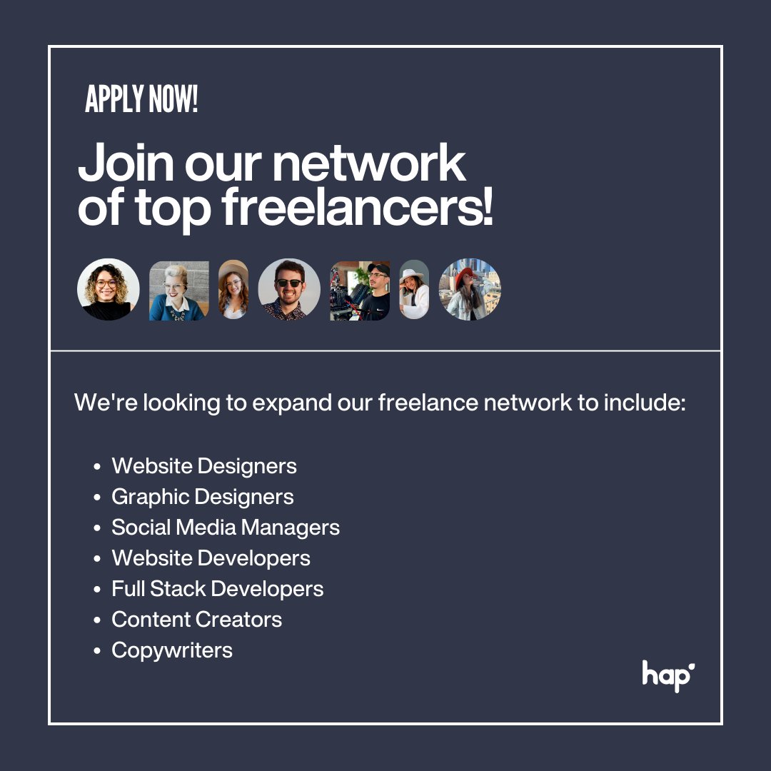 Join the Hapteam network! 

Hapteam is now accepting applications for our partner's network.  Gain access to high-quality freelance opportunities and work with top-tier talent. Apply now, limited spots are available! ⚠️
#Freelancers #JoinOurNetwork #Freelancing #Partners #Hapteam