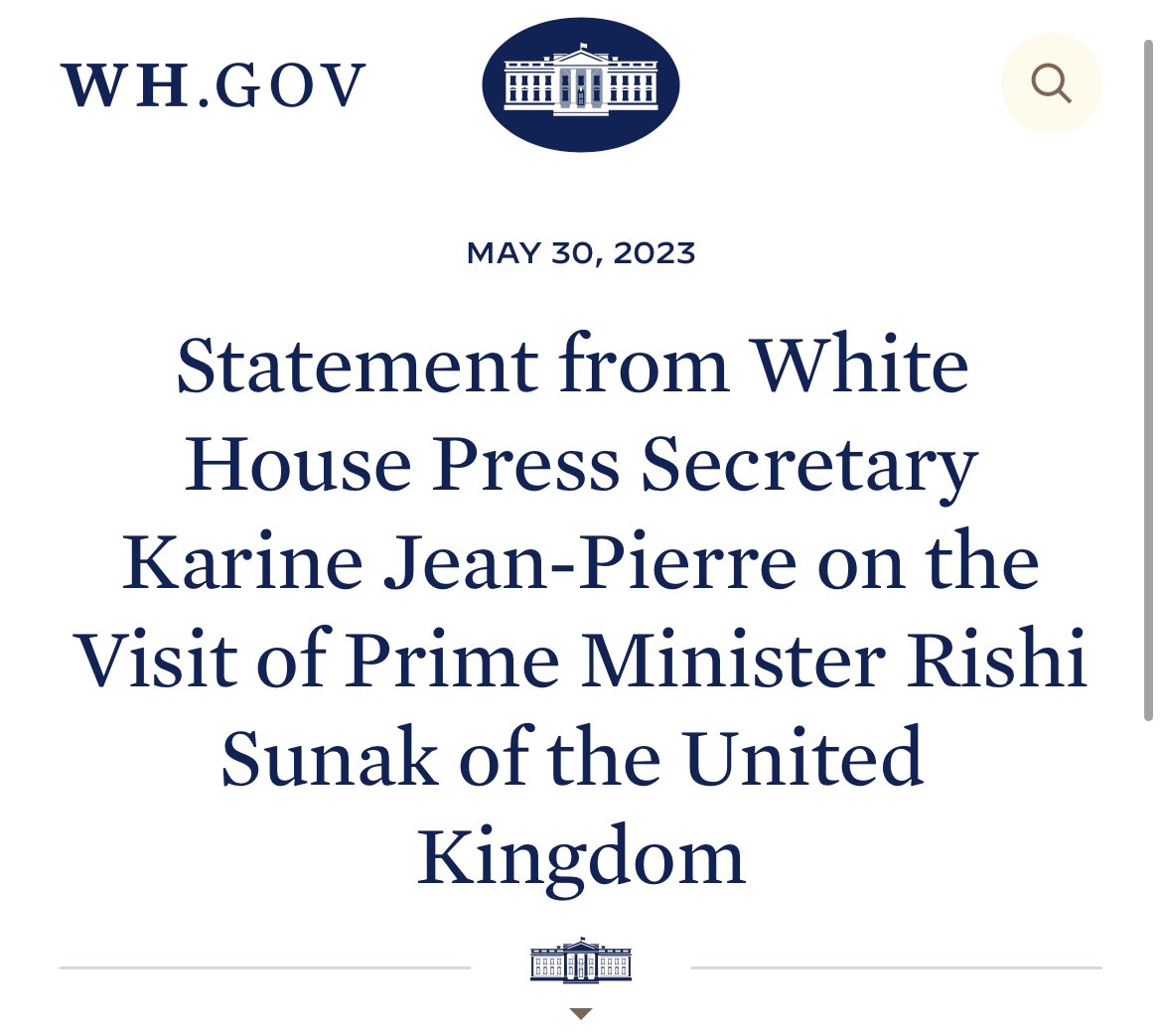 Prime Minister @RishiSunak will visit the US next week 🇬🇧🤝🇺🇸 He will meet @POTUS Biden to discuss deepening our extensive security and economic partnerships. whitehouse.gov/briefing-room/…