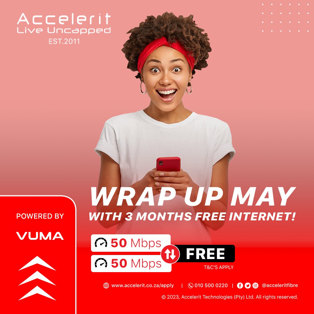 acceleritfibre's tweet photo. Accelerit's exclusive promo offers three months of connectivity without any installation fees. Stay cozy and connected. βοΈπ
Start paying in September @vumatel!π₯³
#MayPromo #StayConnected #FreeInternet #FastInternetForAll #Tuesdaypost #AcceleritConnects #LiveUncapped https://t.co/JiePwaDdbc