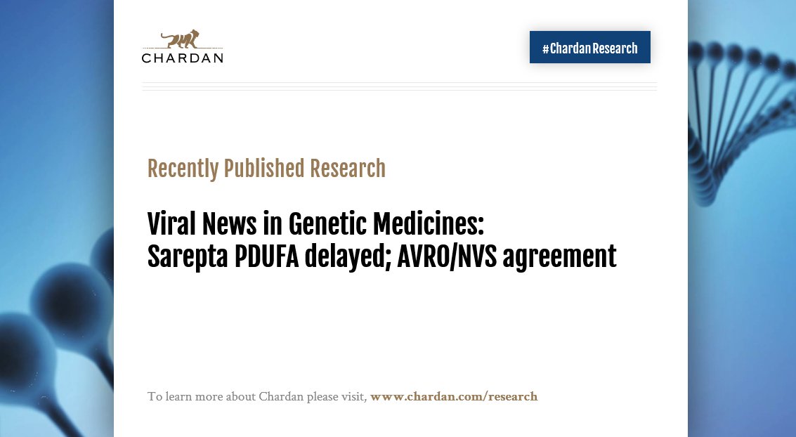 Chardan (@chardancm) on Twitter photo Chardan’s Viral News in Genetic Medicines is a weekly piece that details key news and industry research in the #GeneticMedicines space. To learn more about Viral News in Genetic Medicines and Chardan research, please email info@chardan.com #genetherapy #geneediting #celltherapy Chardan’s Viral News in Genetic Medicines is a weekly piece that details key news and industry research in the #GeneticMedicines space. To learn more about Viral News in Genetic Medicines and Chardan research, please email info@chardan.com #genetherapy #geneediting #celltherapy