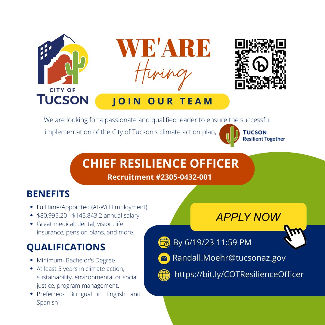 TucsonRomero's tweet photo. Are you the @CityofTucson's next Chief Resilience Officer??? 

Join us and together we can create a more sustainable, equitable and thriving #Tucson!

https://t.co/HTuwFnXSOg https://t.co/8K5djFvAjC