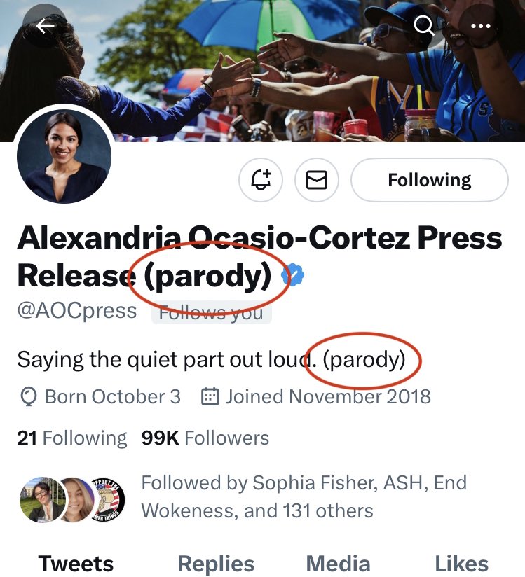 @AOC @WholeMarsBlog It’s clearly marked as a parody. I find it concerning that your actual Tweets and positions are so close to parody that it’s sometimes indistinguishable from reality.