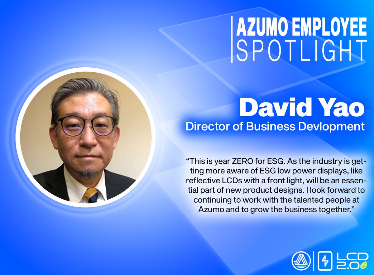 azumotech's tweet image. #EmployeeAppreciation time ft. David Yao, Dir of Business Development based in Taiwan. 

He displays expertise &amp;amp; leadership in creating strong partnerships with OEMs, #RLCD mfr, &amp;amp; CE brands. We&apos;re grateful for his hard work &amp;amp; dedication 👏

#Innovation #Technology #DisplayTech
