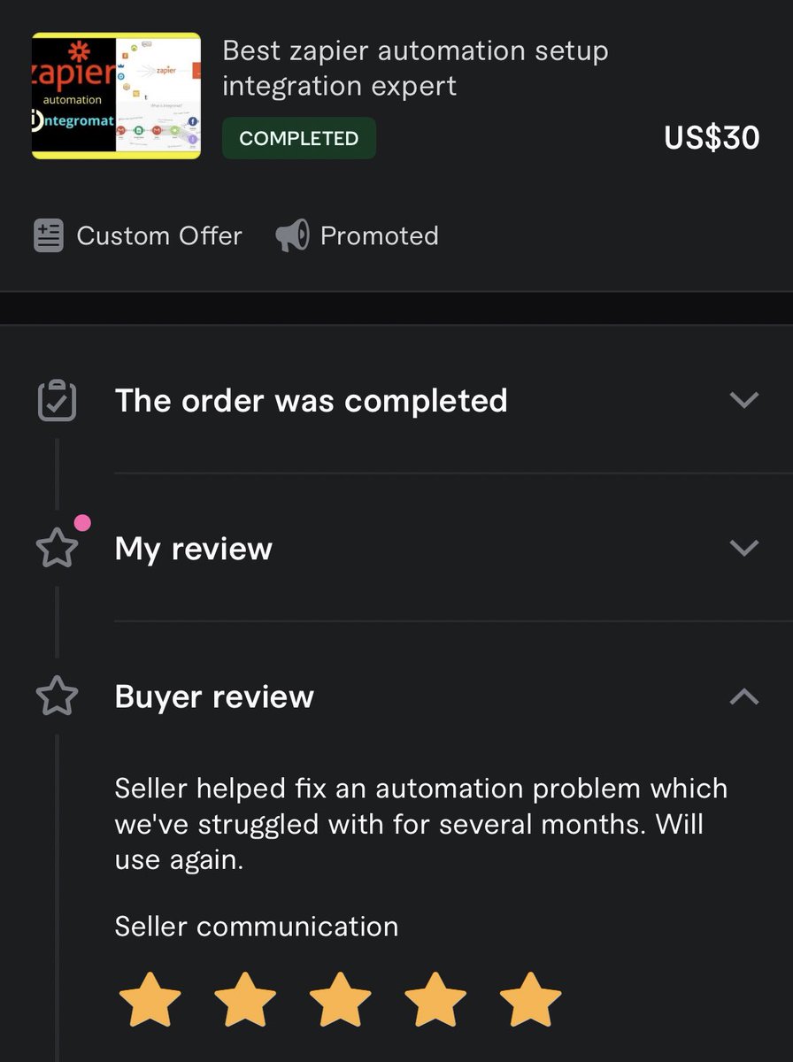 Just had an amazing experience as a seller on #Fiverr! Got a fantastic review from a buyer who was struggling with a zap error for months. I fixed it swiftly and efficiently in just a couple of hours. #HappyBuyer #GoodReview #5Star #FiverrSeller #Level2 #ZapierExpert