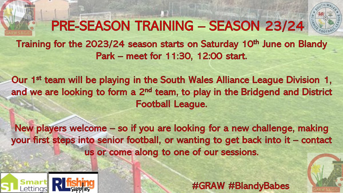 Garw_SBGC's tweet photo. ⚽️ SEASON 2023 / 2024 ⚽️

Our pre-season for 23/24 starts on Saturday 10th June, 12:00 at Blandy Park, new players welcome. 

We will be confirming dates and times of further sessions after this date

🔴⚫️⚽️ #graw https://t.co/L6RlsDMOzs