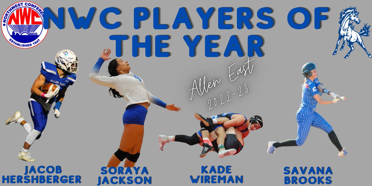 AllenEastAD's tweet photo. As the end of the school 📅 closes, let's take a minute to look back a the 22-23 Year in Sports. What a year it was! Allen East had an NWC POY in Fall (2), Winter &amp; Spring! @jacobhersh17 in FB, @soraya_jackson4  in VB, @KadeWireman WR &amp; @Savana_Brooks05 in SB. https://t.co/FOEFiX8bnj