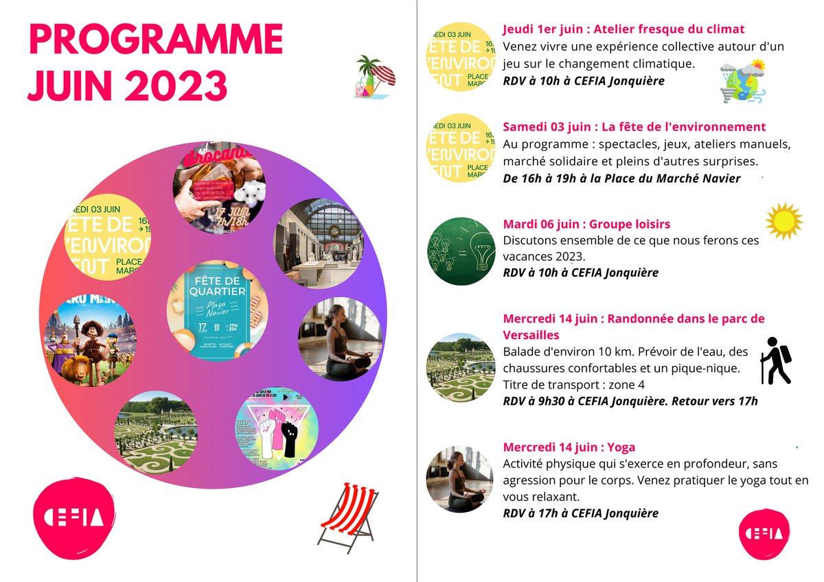 cscefia's tweet photo. Le programme de Juin de Centre Social CEFIA vient de sortir, n'hésitez pas à vous rapprocher de l'accueil pour toute inscription ou tout renseignement.
Merci
#asso17 #paris17 #fêtedequartier #brocante #videgrenier #semainedelenvironnement #été #culture #randonnee #sortieenfamille https://t.co/J5MOkJo4HO