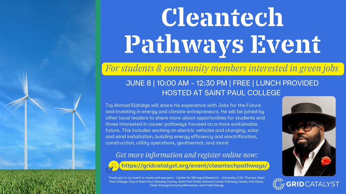 Saint Paul College (@stpaulcollege) on Twitter photo Are you interested in green jobs + clean energy? Join us on June 8 at Saint Paul College for this FREE Cleantech Pathways Event with <a href="/TajEldridge/">Taj Ahmad Eldridge</a> @grid_catalyst <a href="/RamseyCounty/">RamseyCounty</a> WIB, <a href="/UST_microgrid/">St. Thomas Center for Microgrid Research</a>, <a href="/cleanenergymn/">CEEM</a>, + <a href="/FreshEnergy/">Fresh Energy</a>. Lunch provided. Register: bit.ly/3OP6l1g Are you interested in green jobs + clean energy? Join us on June 8 at Saint Paul College for this FREE Cleantech Pathways Event with <a href="/TajEldridge/">Taj Ahmad Eldridge</a> @grid_catalyst <a href="/RamseyCounty/">RamseyCounty</a> WIB, <a href="/UST_microgrid/">St. Thomas Center for Microgrid Research</a>, <a href="/cleanenergymn/">CEEM</a>, + <a href="/FreshEnergy/">Fresh Energy</a>. Lunch provided. Register: bit.ly/3OP6l1g