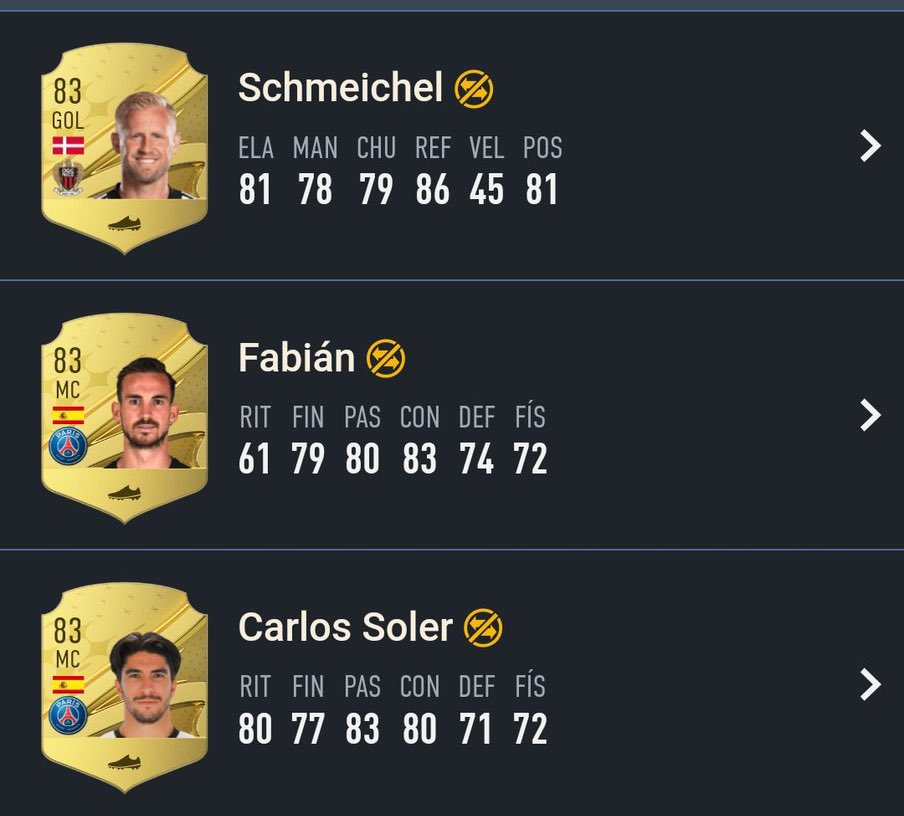 Futdonk's tweet photo. There’s 18 TOTS &amp; 𝗢𝗡𝗟𝗬 7 golds in the 3x 83+ Ligue 1 pack… 😳

Yet these 3 are literally everywhere 💀 

Like if you didn’t get anything good… 🥲

#FIFA23 https://t.co/T6UoU1NOPV