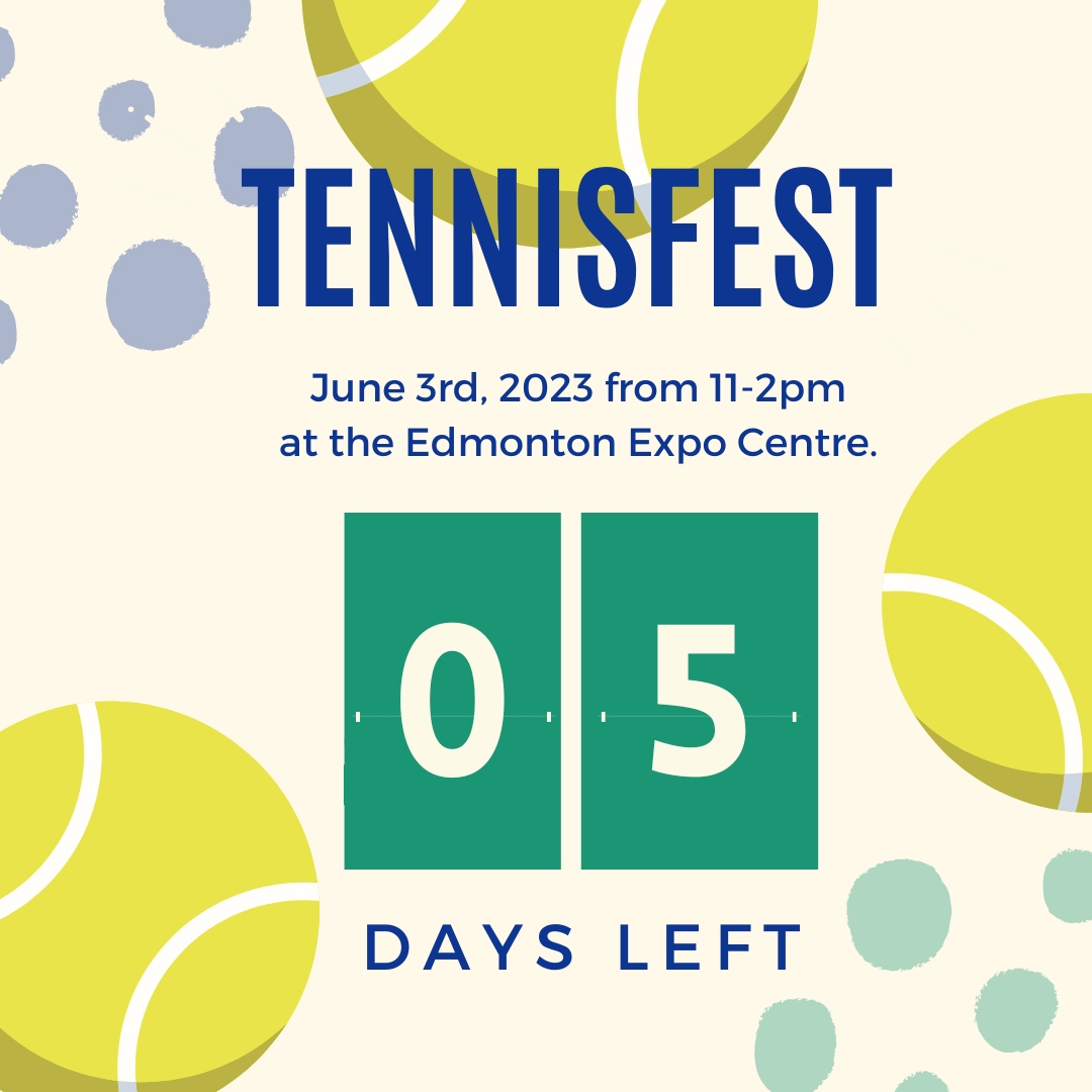 5 days left until TENNISfest 2023! Registration link is in our bio! 🎾⁠
⁠
[REGISTRATION]⁠
clubspark.ca/TENNISfest2023⁠
⁠
#TENNISfest2022 #FREEevent #EJTS #recreationaltennis #tennisedmonton #tennis #tennisalberta #tenniscanada⁠ #participACTION #daileyhiveyeg #yegfamily  #kids