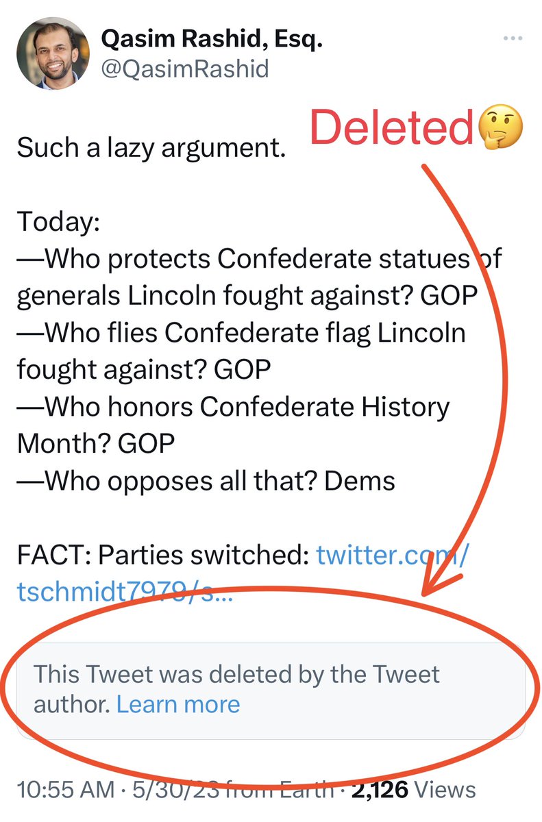 The MAGAs upset about my viral Memorial Day history lesson and arguing “bUt ThE dEmOcRaTs wErE tHe ParTy of sLaVeRy” should learn from their comrade and just delete their tweet now. 

Because facts don’t care about your feelings.

A story in 4 tweets.