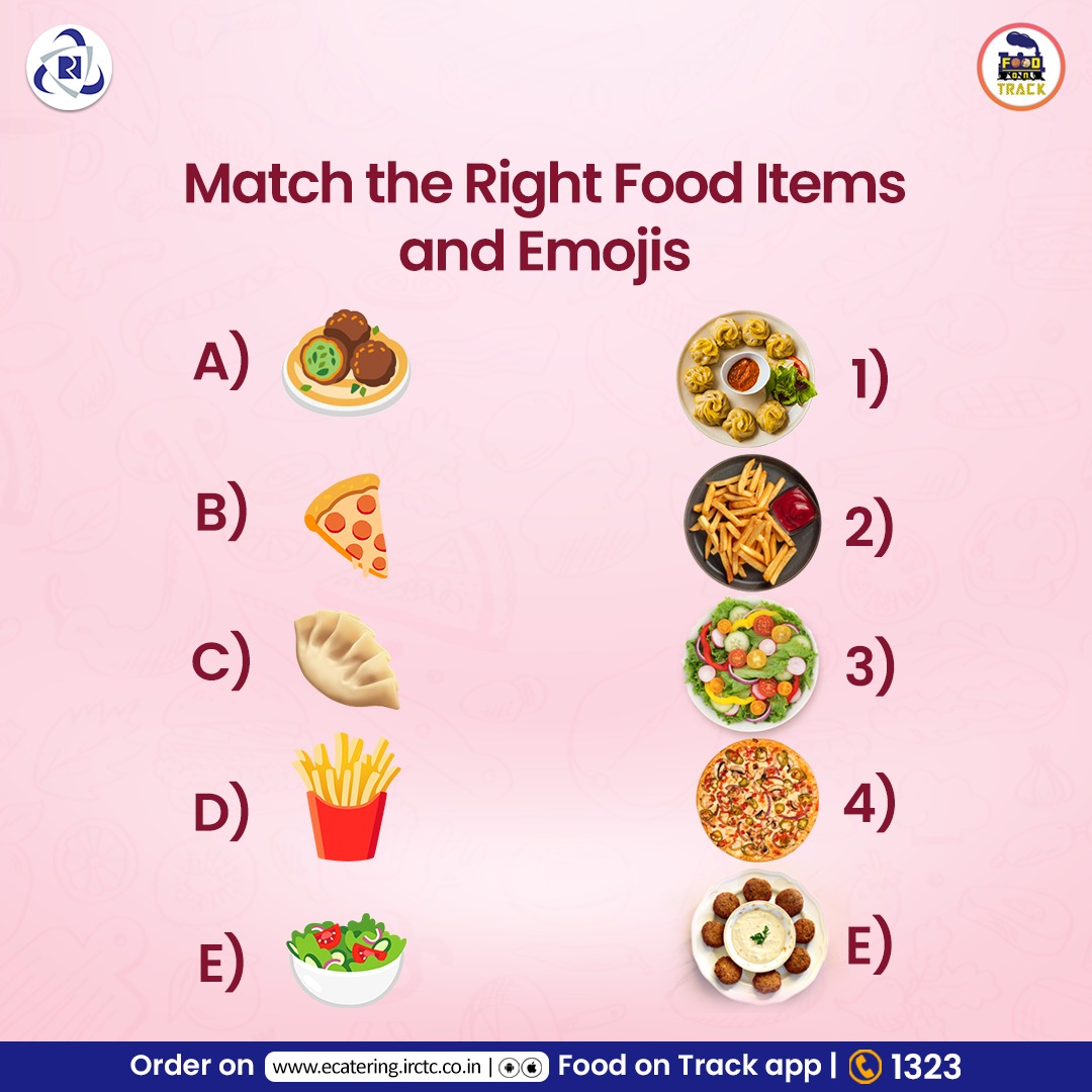 eCateringIRCTC's tweet photo. Can you solve this #foodpuzzle? Match the #foodemojis with their respective #foodimages in the comments below.

#azadikirail https://t.co/CqC2Ovgpyb